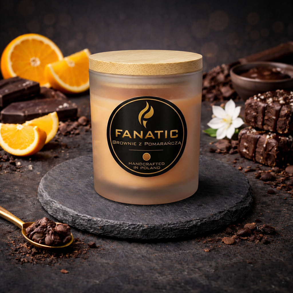 Brownie Z Pomarańczą — premium świeca zapachowa Pomarańcza, Czekolada, Cytryna, Krem, Jaśmin, Wanilia, Piżmo, Drewno Sandałowe