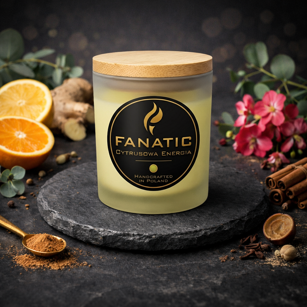 Cytrusowa Energia — premium świeca zapachowa Imbir, Eukaliptus, Litsea Cubeba, Geranium, Cynamon, Goździki, Gałka Muszkatołowa