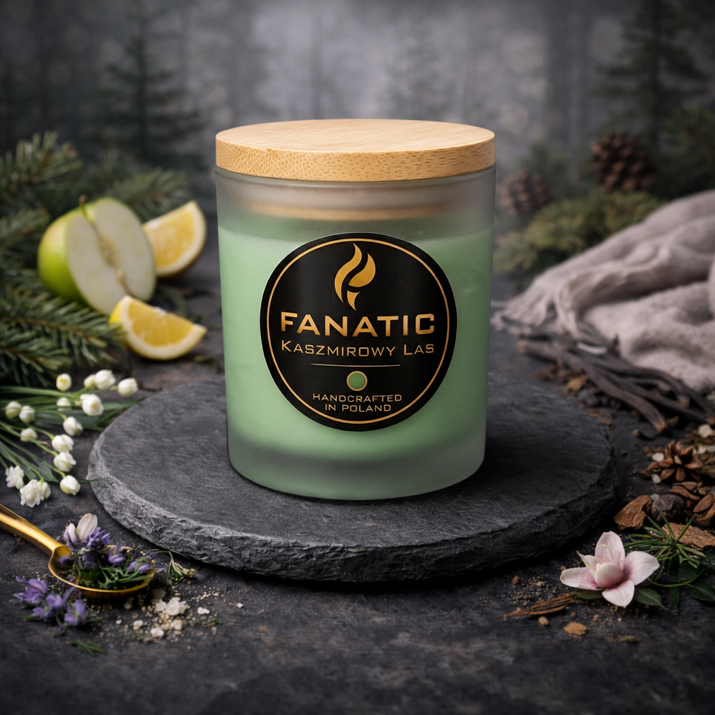 Kaszmirowy Las — premium świeca zapachowa Cytrusy, Jabłko, Świeże Nuty, Lawenda, Liście Fiołka, Konwalia, Magnolia, Drewno Kaszmirowe, Paczula, Wanilia, Piżmo
