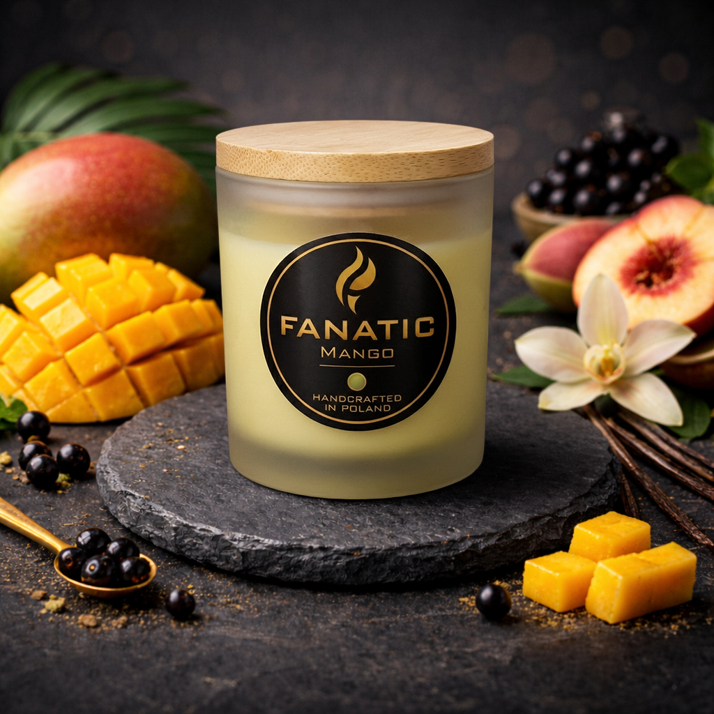 Mango — premium świeca zapachowa Mango, Czarna Porzeczka, Miąższ Mango, Brzoskwinia, Wanilia