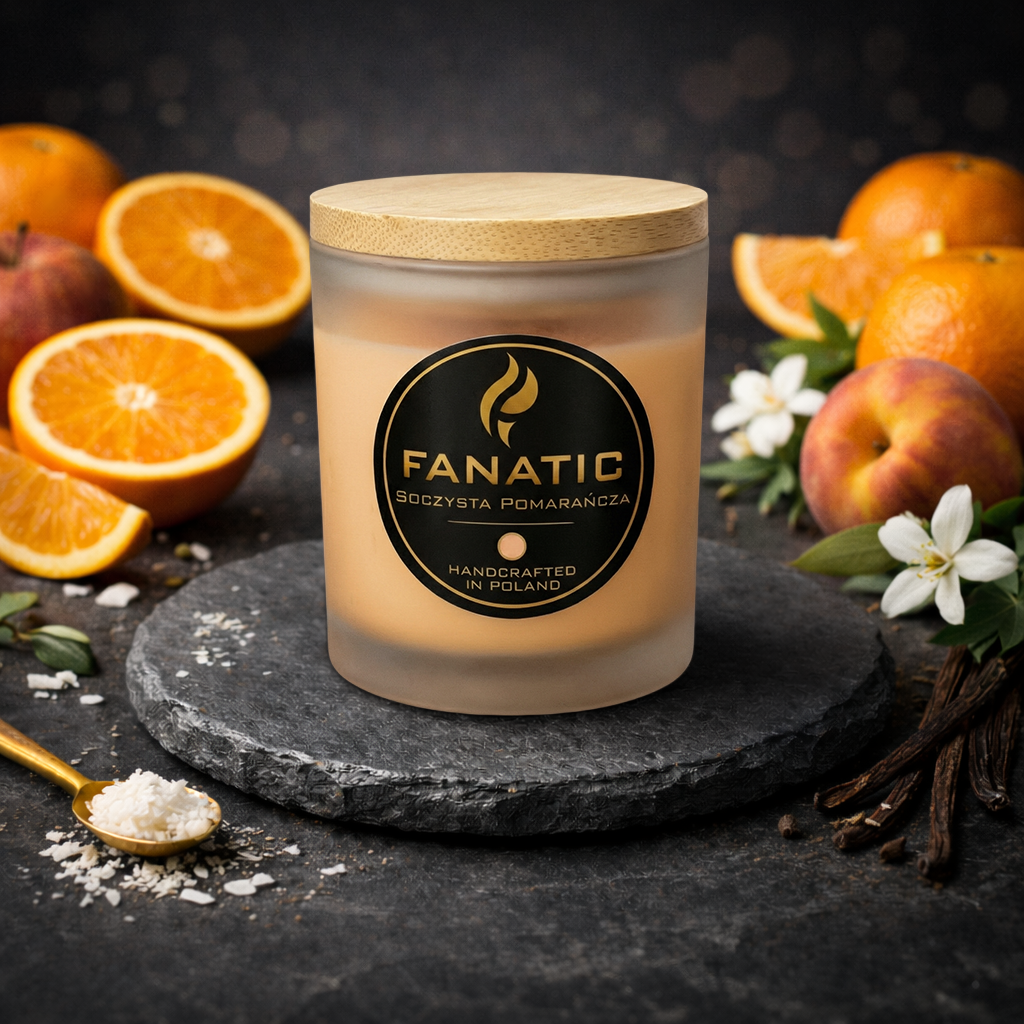 Soczysta Pomarańcza — premium świeca zapachowa Pomarańcza, Mandarynka, Jabłko, Brzoskwinia, Jaśmin, Słodkie Nuty, Kokos, Wanilia