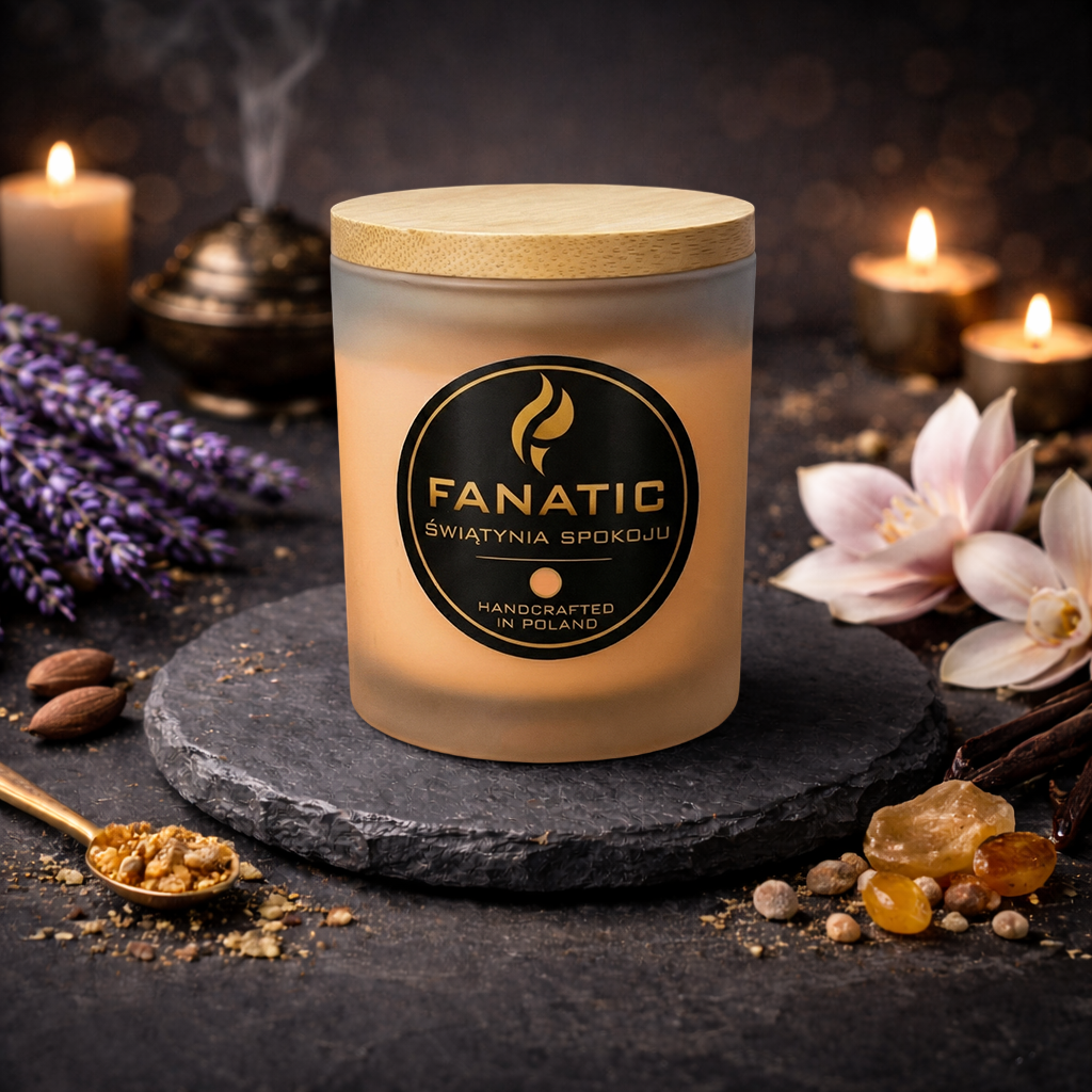 Świątynia Spokoju — premium świeca zapachowa Lawenda, Migdał, Magnolia, Wanilia, Mirra, Ambra